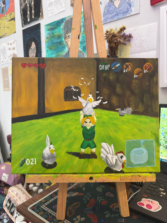 Link cargando una gallina